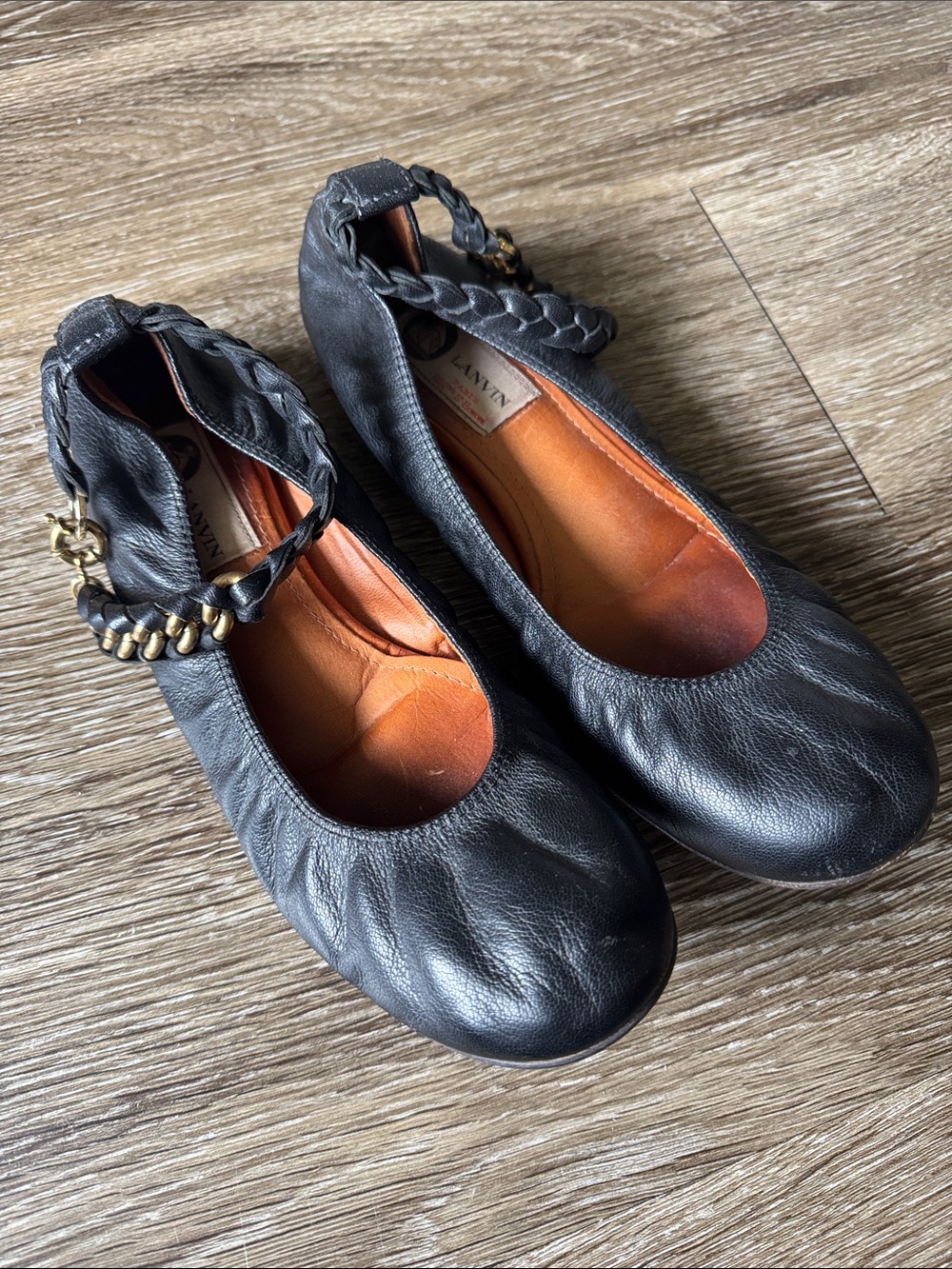 Lanvin Black Leather Braided Ankle-Strap Ballet Flats with Gold Chain
